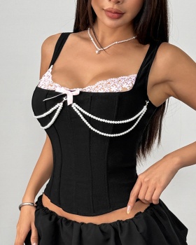 Chain European style pink corset pearl France style splice vest