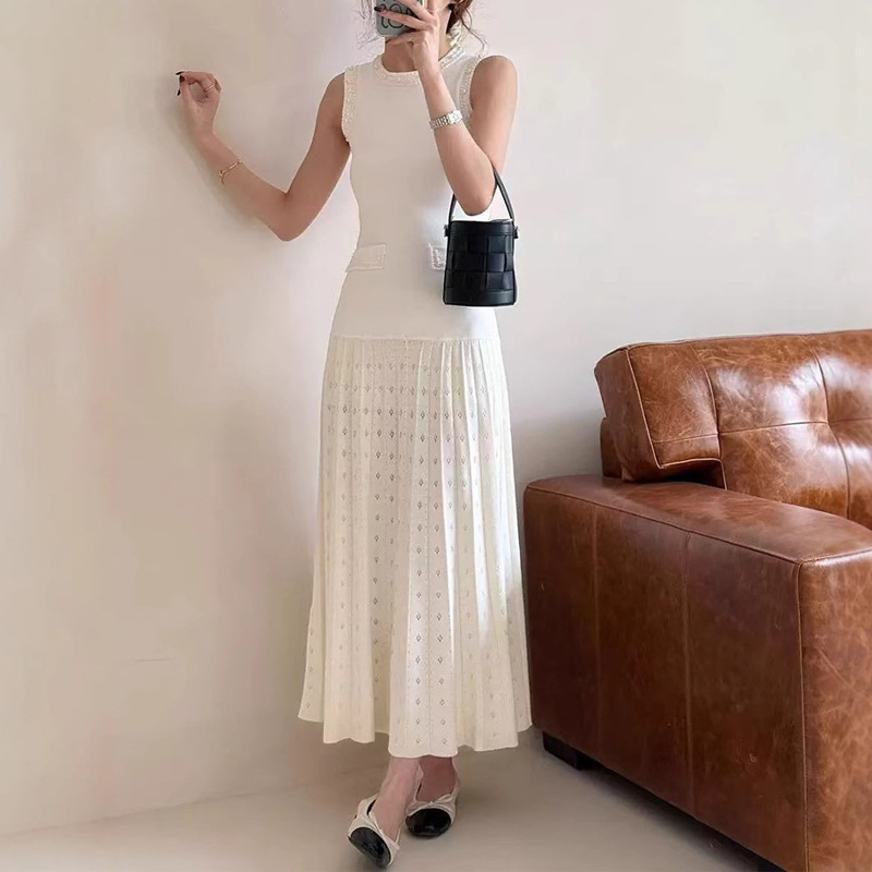 Round neck beading dress sleeveless slim long dress