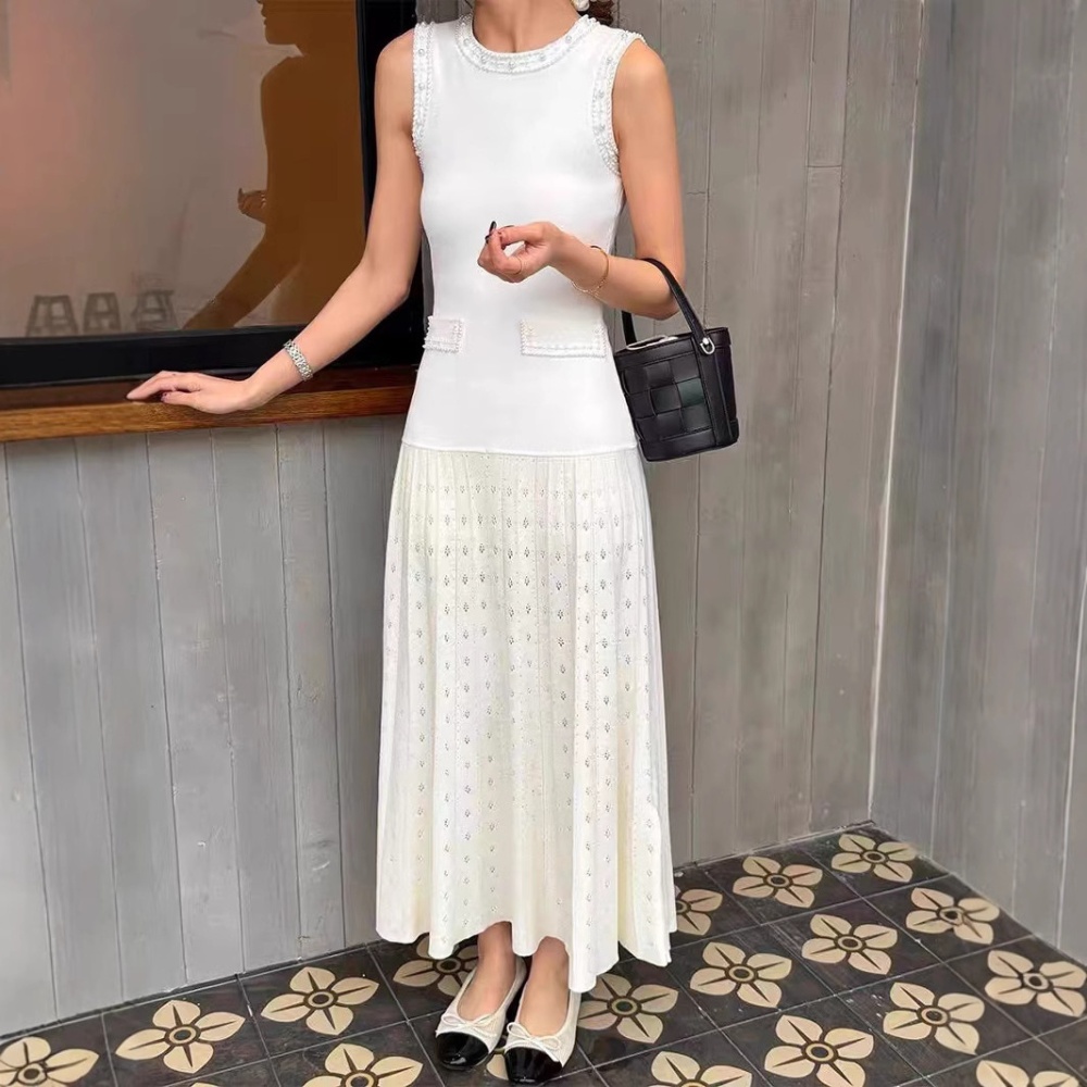 Round neck beading dress sleeveless slim long dress