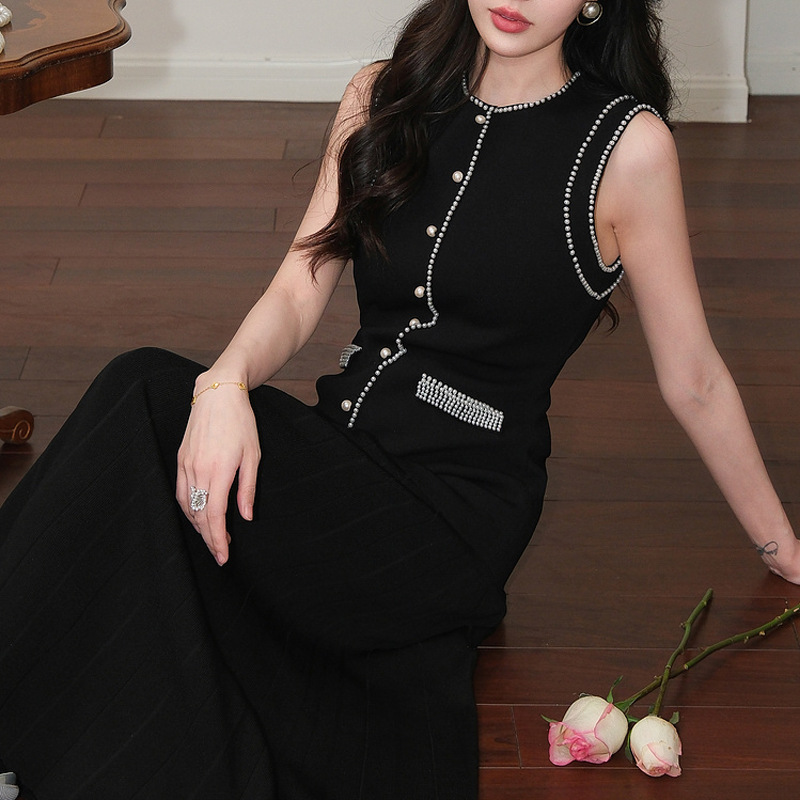 Slim sleeveless summer temperament beads high waist dress