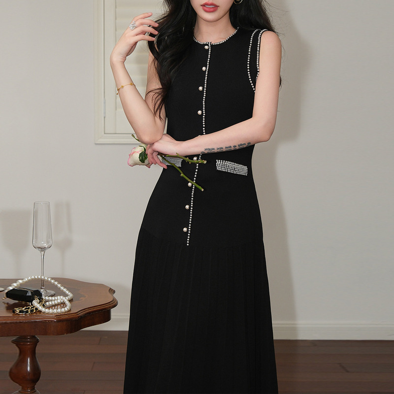 Slim sleeveless summer temperament beads high waist dress