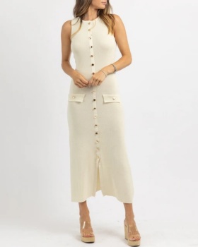 Pure sleeveless knitted round neck long dress
