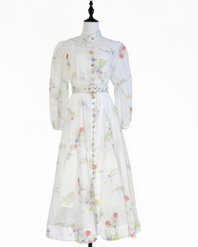 Classic lantern sleeve printing belt retro niche dress