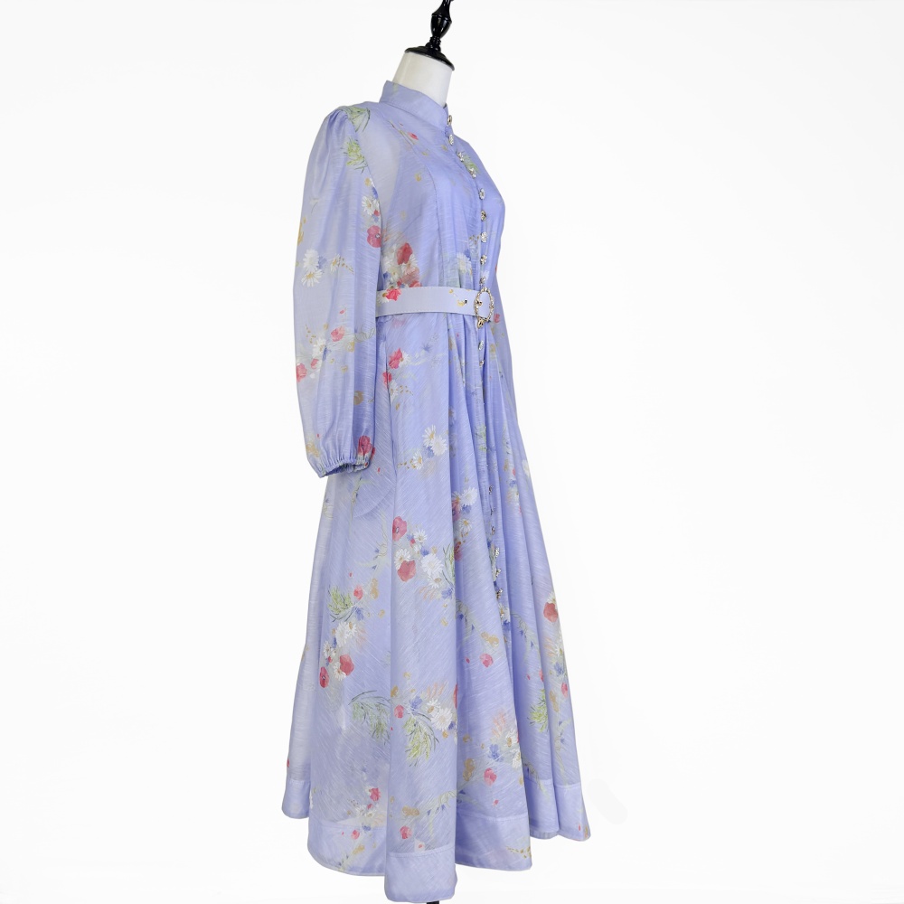 Classic lantern sleeve printing belt retro niche dress
