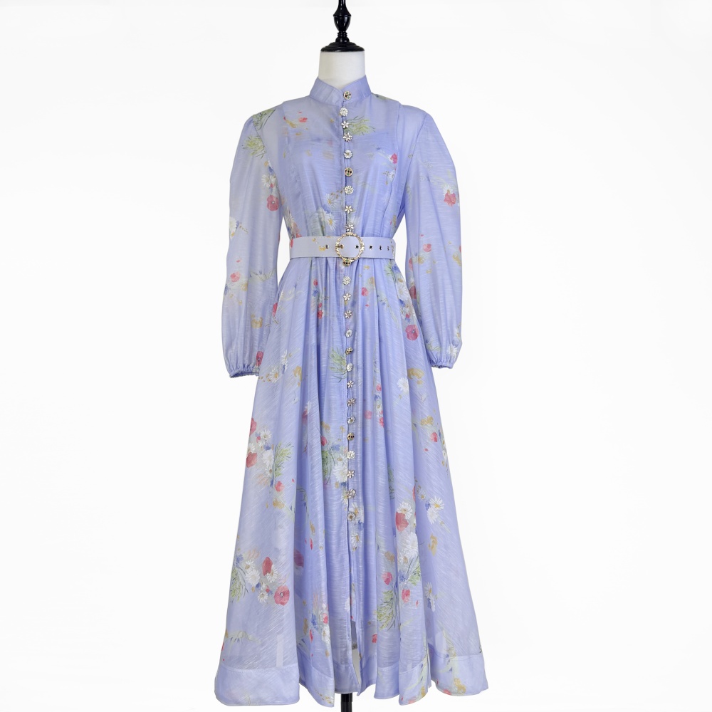 Classic lantern sleeve printing belt retro niche dress