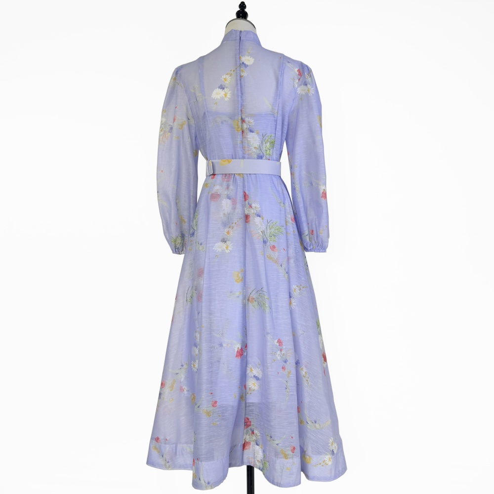 Classic lantern sleeve printing belt retro niche dress