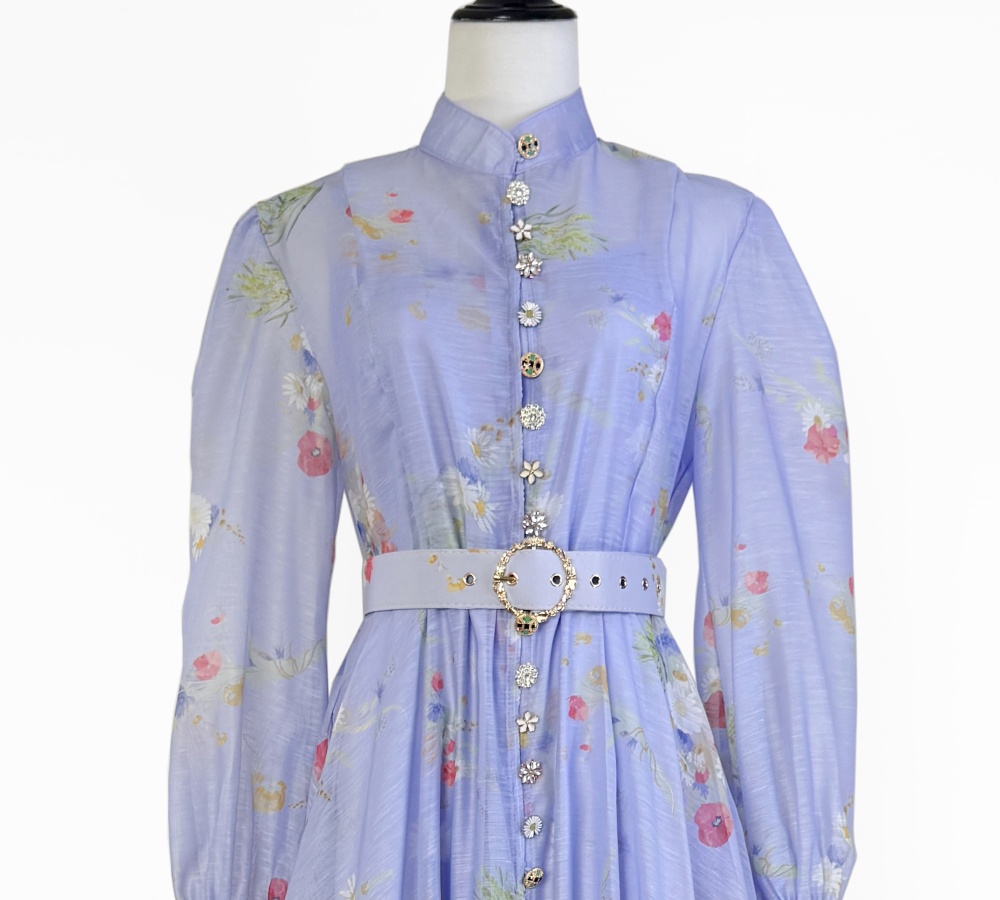 Classic lantern sleeve printing belt retro niche dress