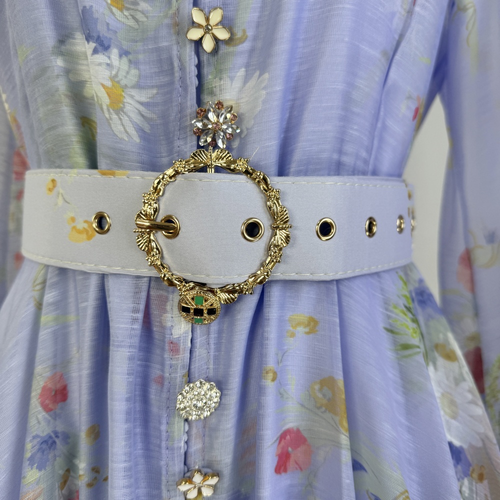 Classic lantern sleeve printing belt retro niche dress