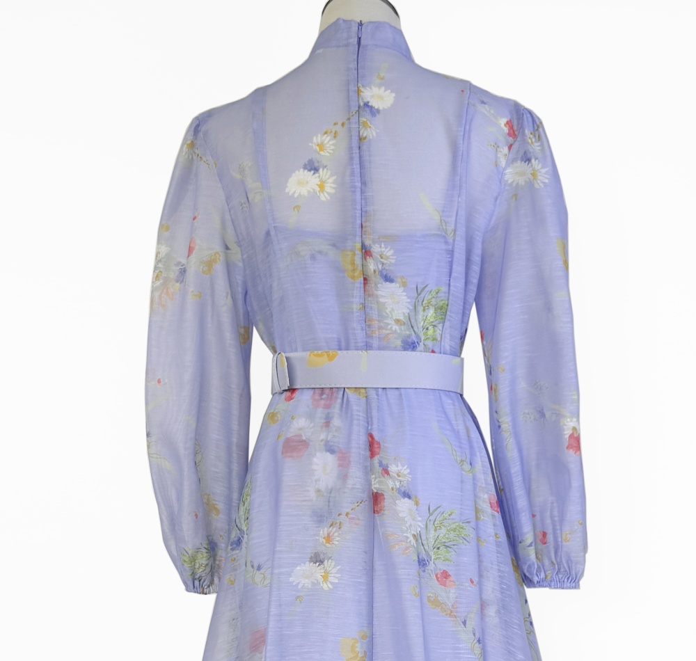 Classic lantern sleeve printing belt retro niche dress