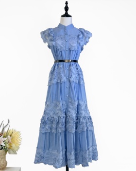 European style long dress splice embroidery belt