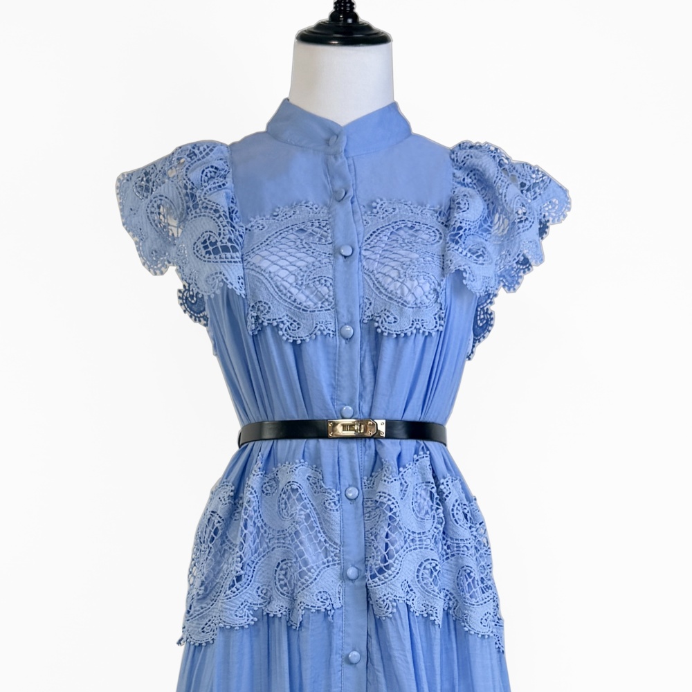 European style long dress splice embroidery belt