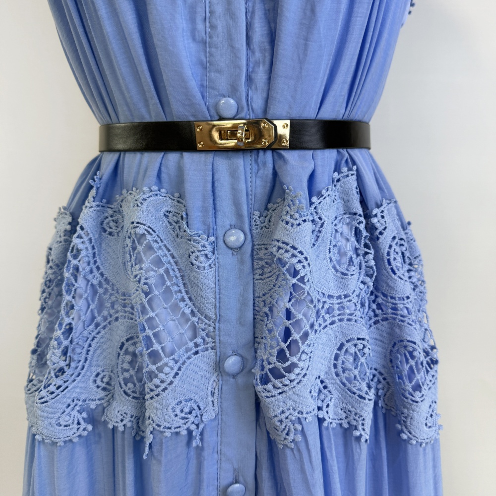 European style long dress splice embroidery belt