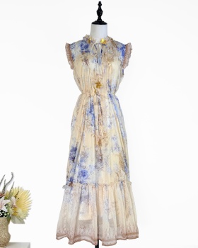 Pinched waist sleeveless dress frenum real silk long dress