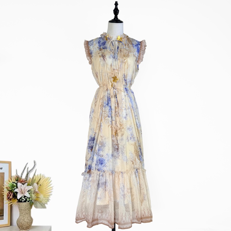 Pinched waist sleeveless dress frenum real silk long dress