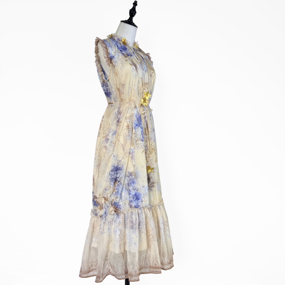 Pinched waist sleeveless dress frenum real silk long dress