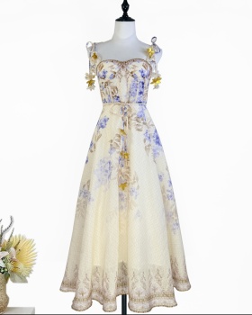Pinched waist printing lady flowers sling dress