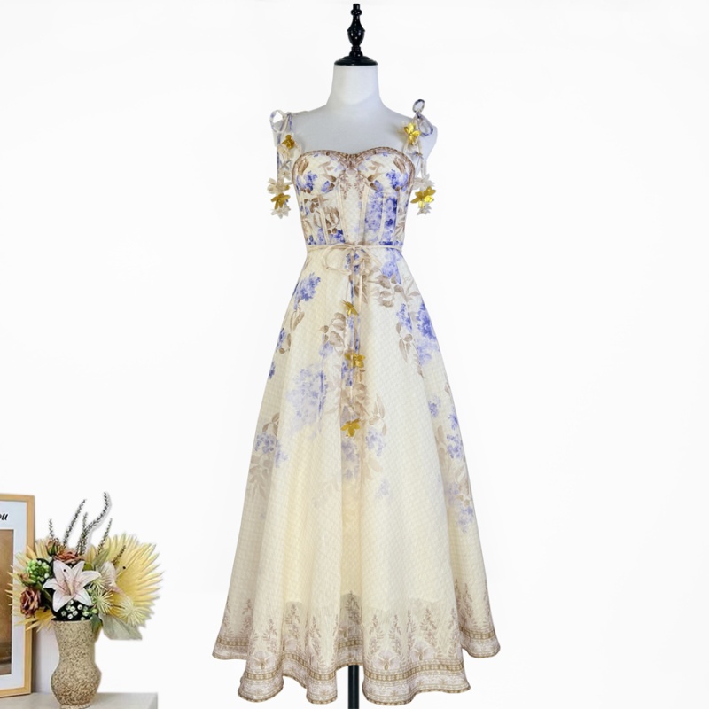 Pinched waist printing lady flowers sling dress