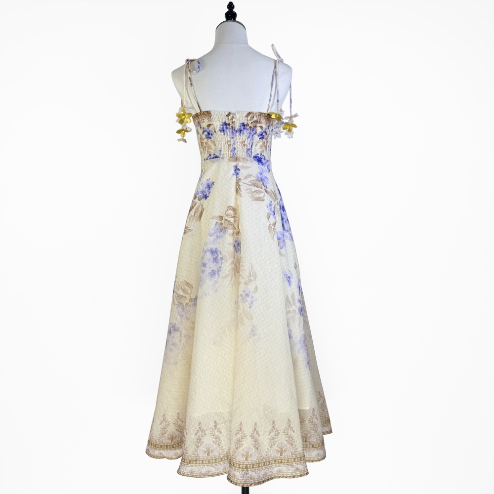 Pinched waist printing lady flowers sling dress