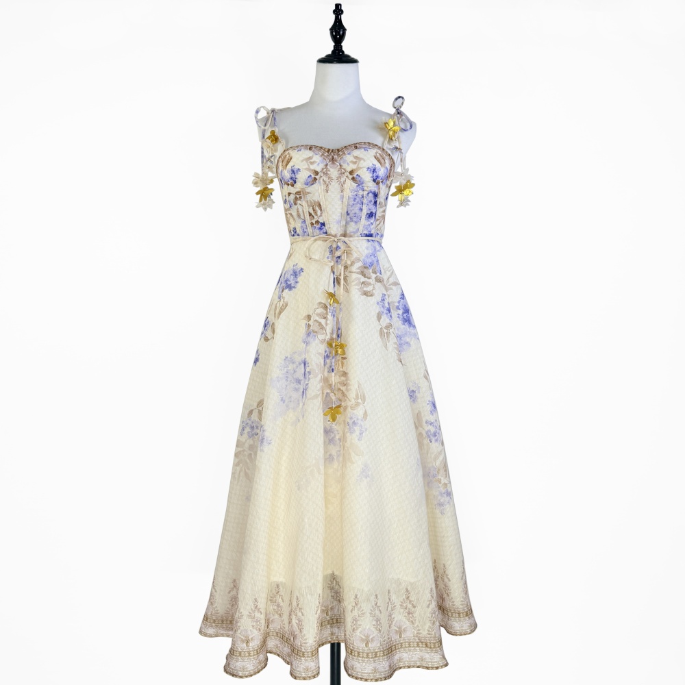 Pinched waist printing lady flowers sling dress