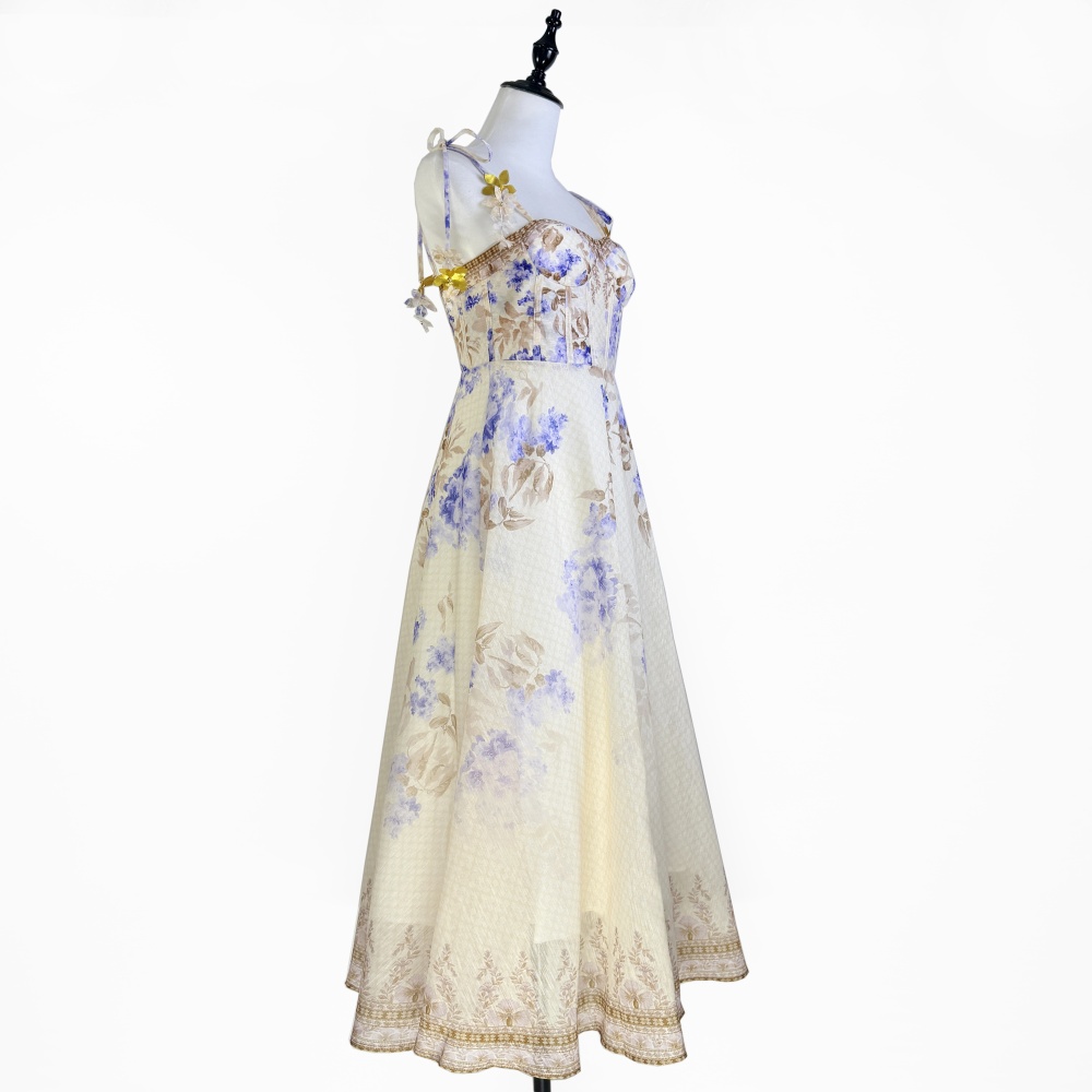 Pinched waist printing lady flowers sling dress