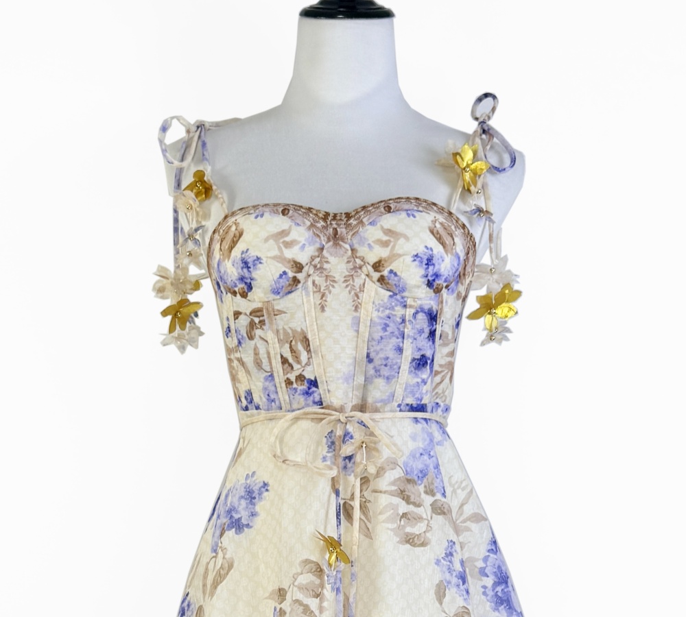 Pinched waist printing lady flowers sling dress
