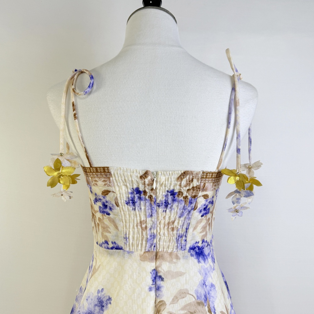 Pinched waist printing lady flowers sling dress