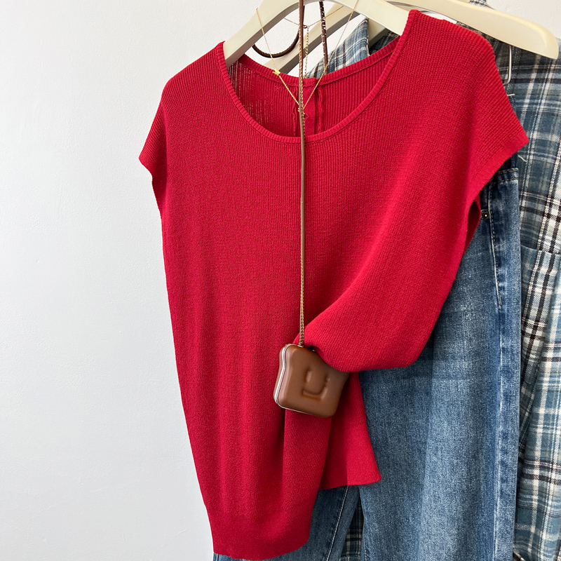 Summer back buckle knitted slim bat sleeve T-shirt