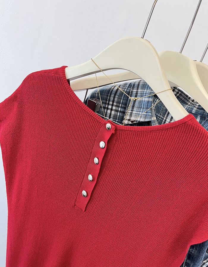 Summer back buckle knitted slim bat sleeve T-shirt