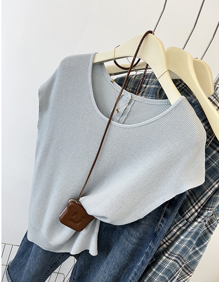 Summer back buckle knitted slim bat sleeve T-shirt