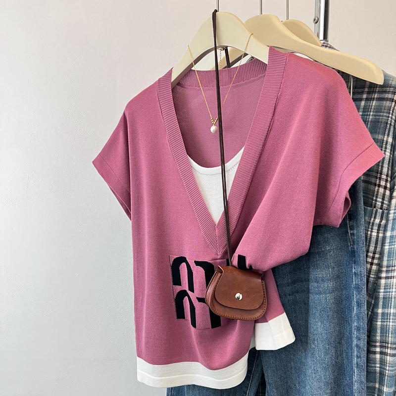 Letters round neck T-shirt summer knitted tops for women