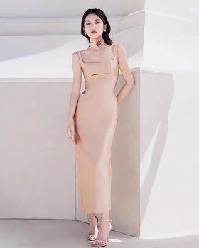 Niche split rose long dress hollow temperament sling dress