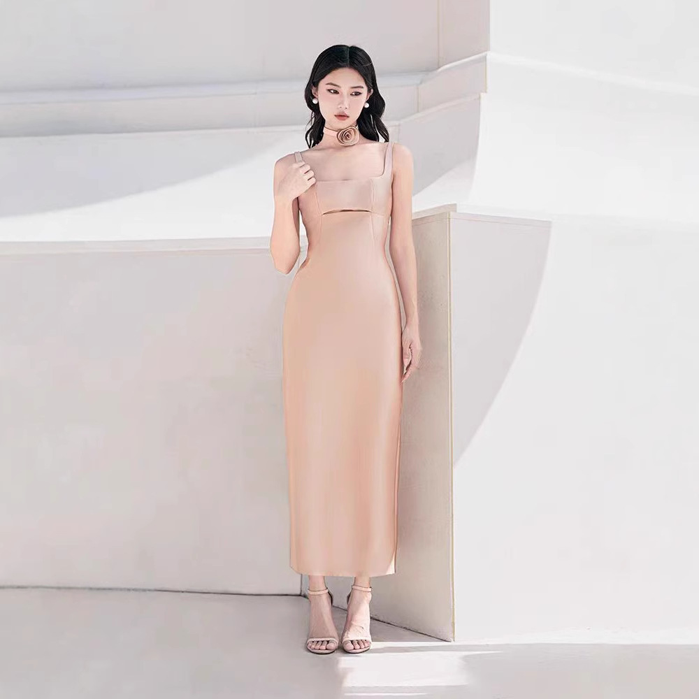 Niche split rose long dress hollow temperament sling dress