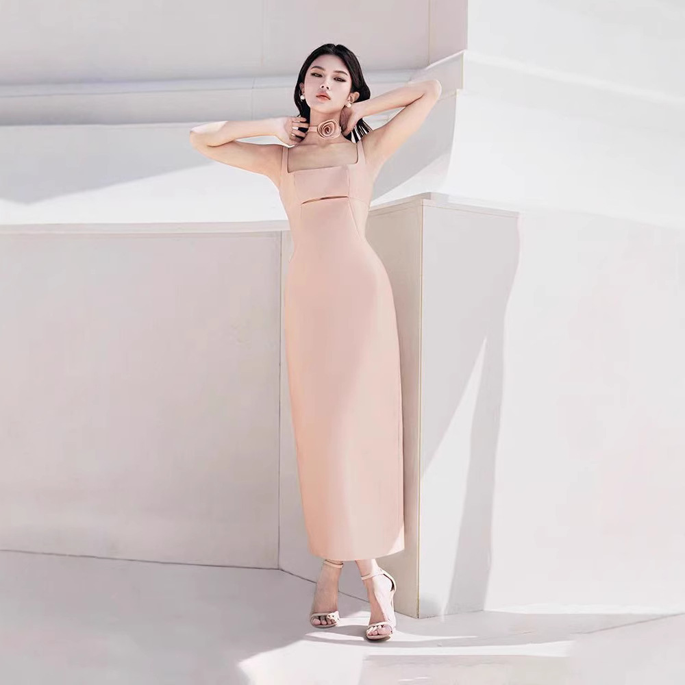 Niche split rose long dress hollow temperament sling dress