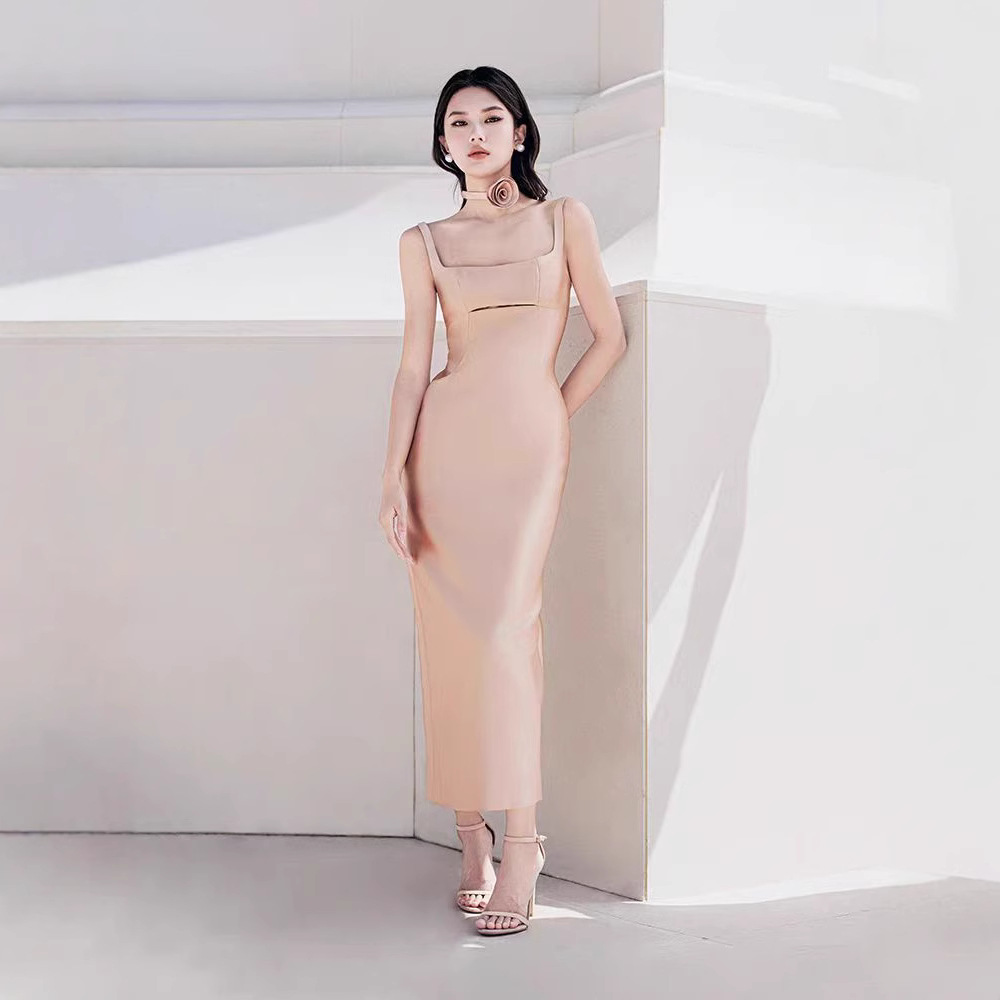 Niche split rose long dress hollow temperament sling dress