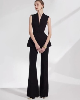 Slim black long pants temperament sleeveless tops 2pcs set