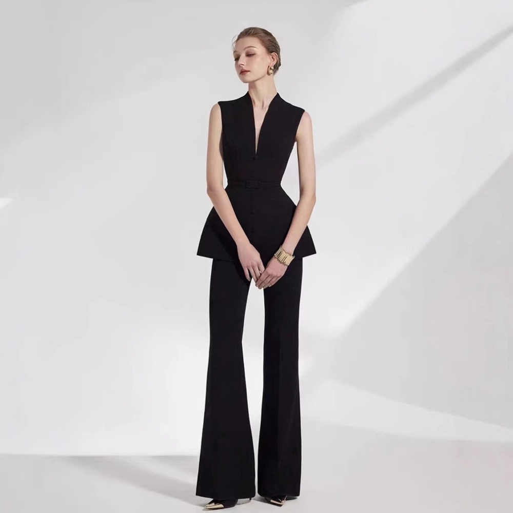 Slim black long pants temperament sleeveless tops 2pcs set