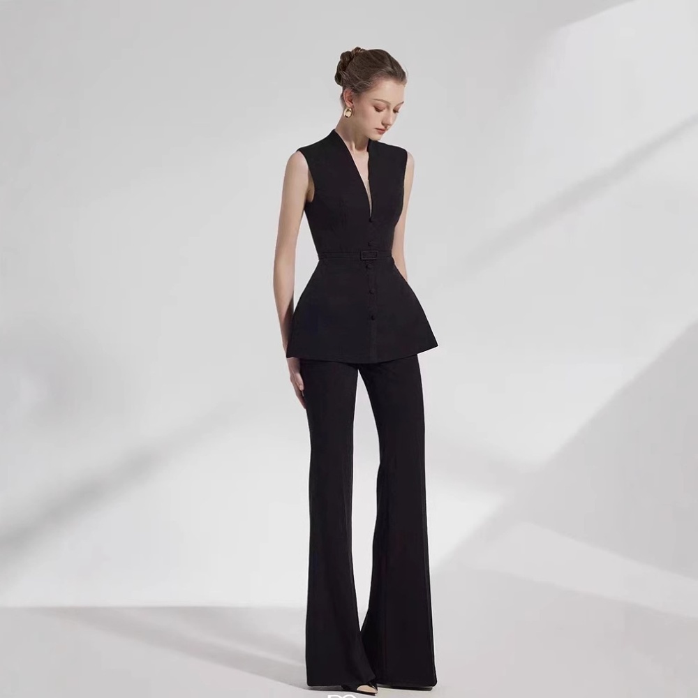 Slim black long pants temperament sleeveless tops 2pcs set