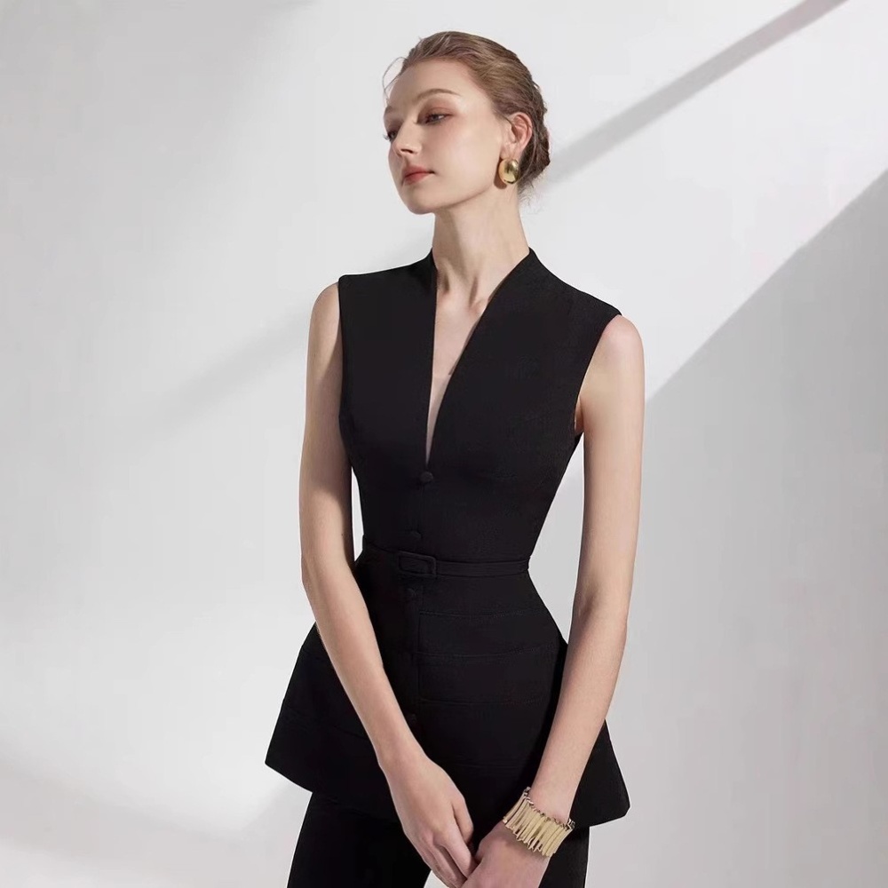 Slim black long pants temperament sleeveless tops 2pcs set