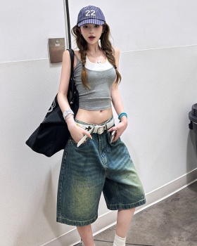 Pseudo-two straight vest retro European style shorts a set