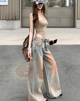 Wears outside conjoined sexy tops loose wide leg jeans a set