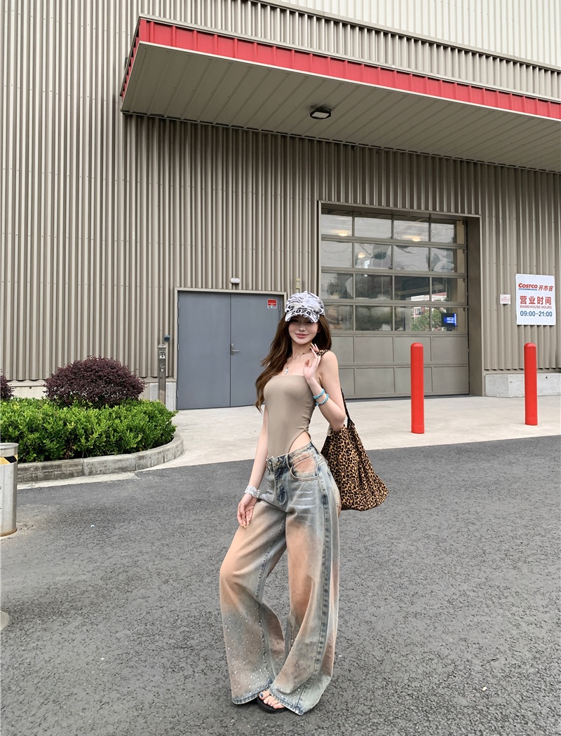 Wears outside conjoined sexy tops loose wide leg jeans a set