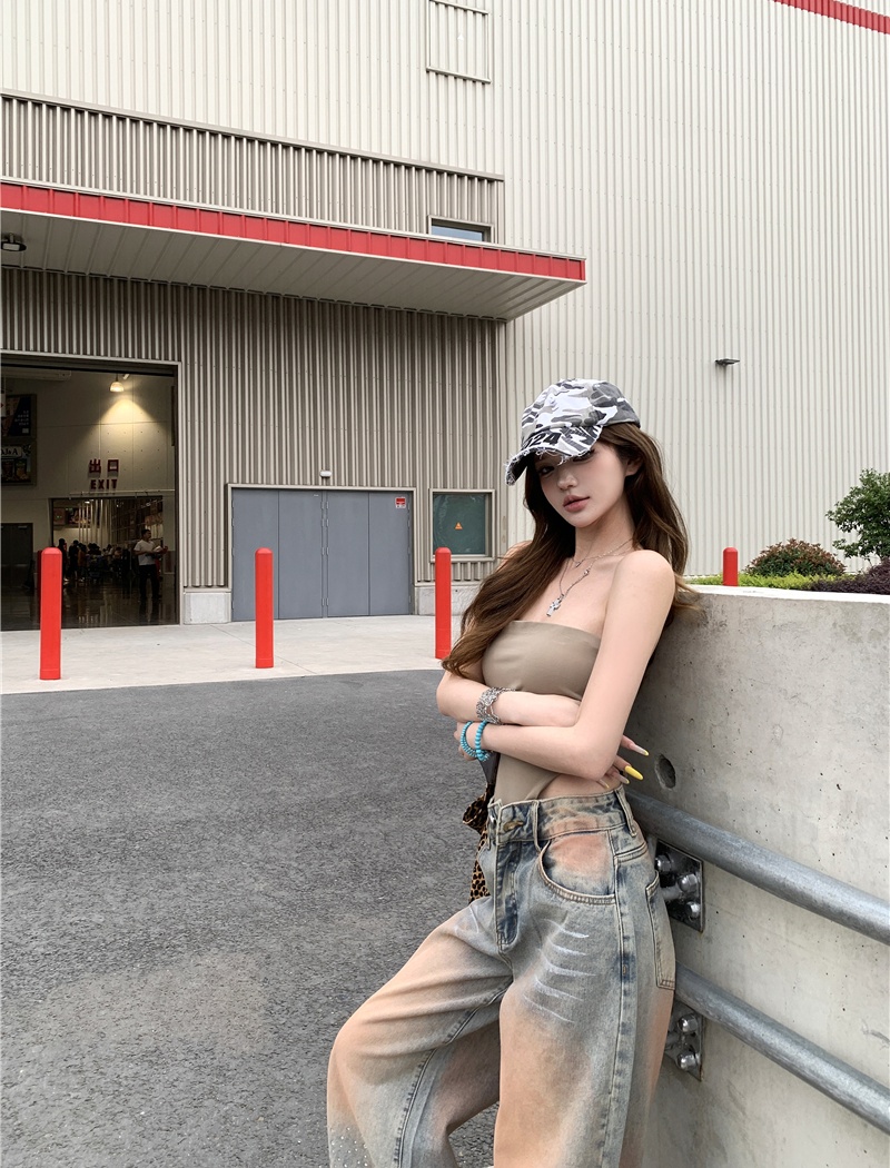 Wears outside conjoined sexy tops loose wide leg jeans a set