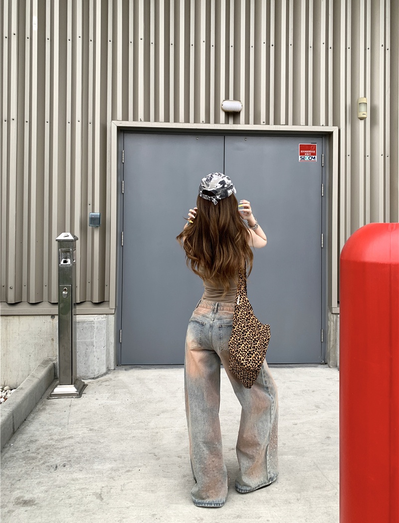 Wears outside conjoined sexy tops loose wide leg jeans a set