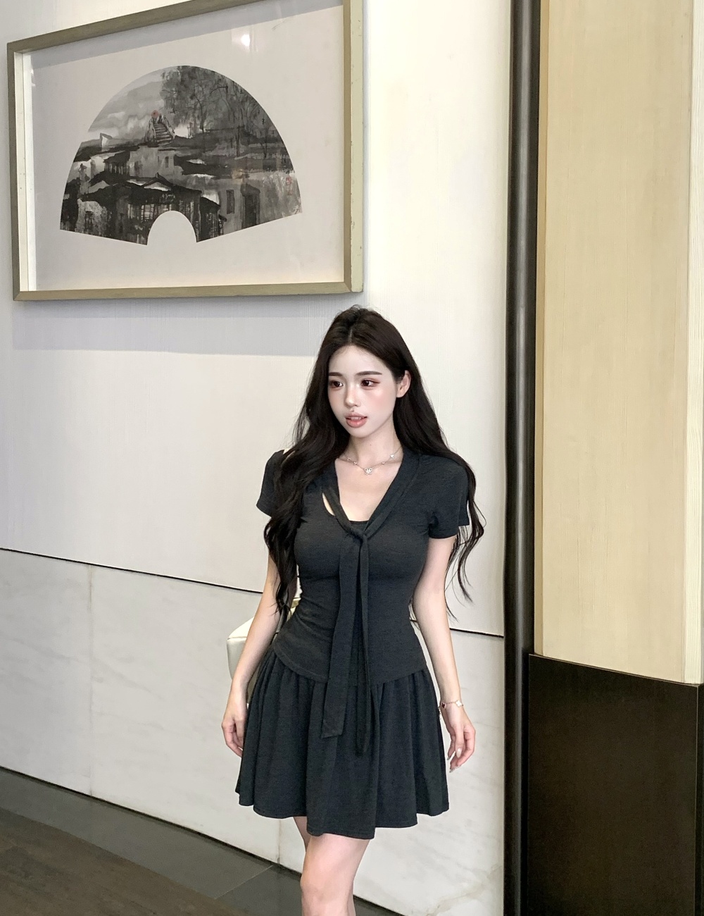 Pleated frenum T-shirt show young knitted skirt 2pcs set