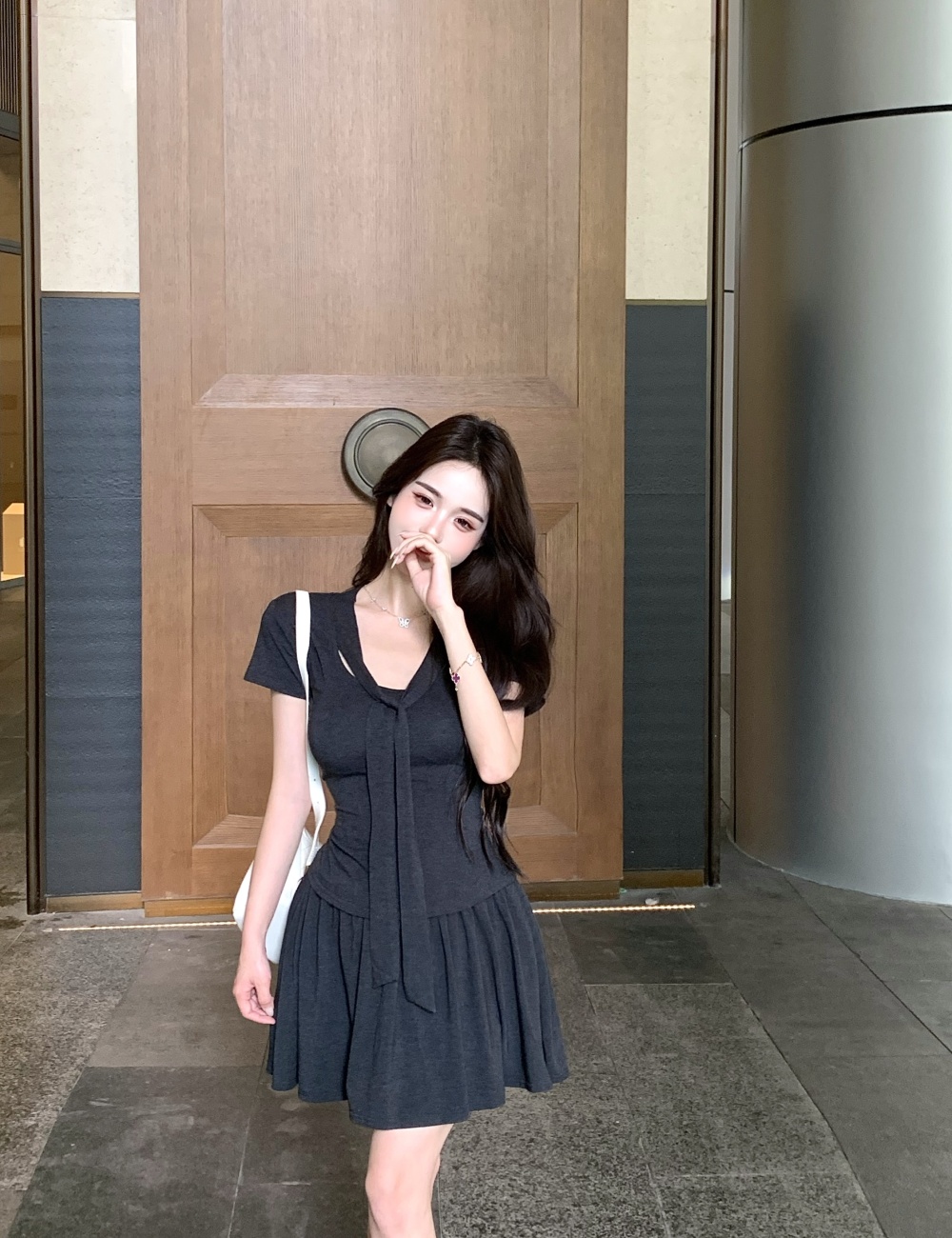Pleated frenum T-shirt show young knitted skirt 2pcs set