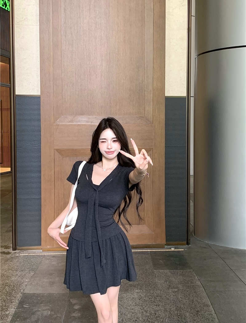 Pleated frenum T-shirt show young knitted skirt 2pcs set