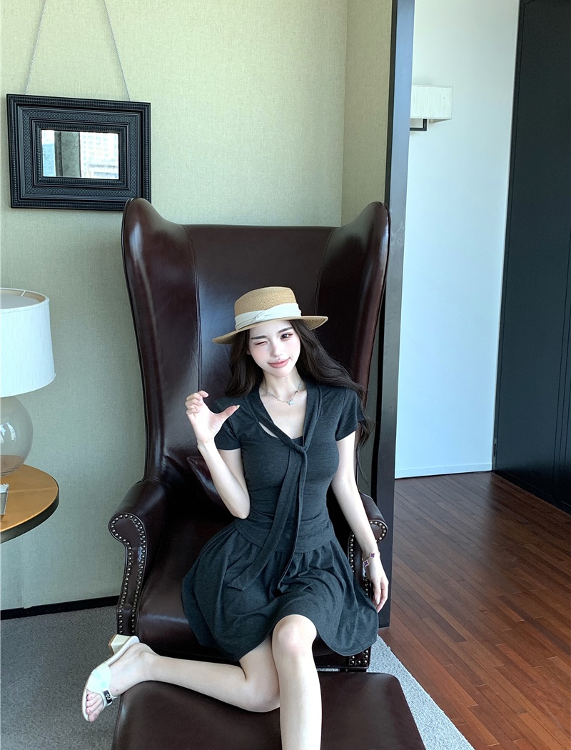 Pleated frenum T-shirt show young knitted skirt 2pcs set