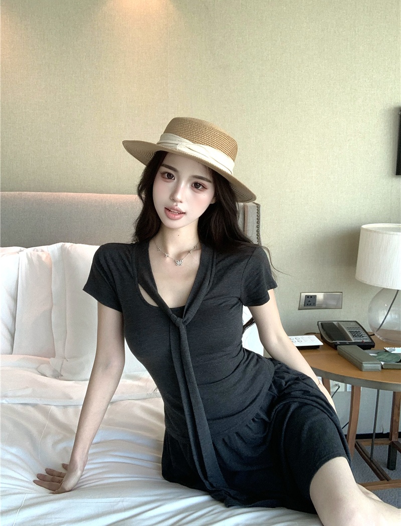 Pleated frenum T-shirt show young knitted skirt 2pcs set