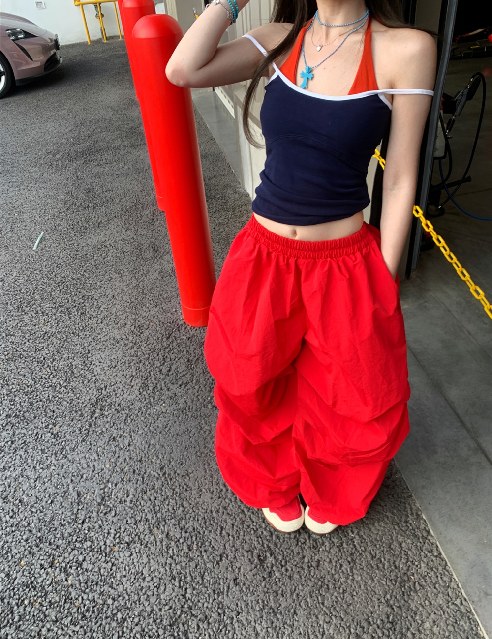 Pseudo-two drape tops retro Casual pants a set for women