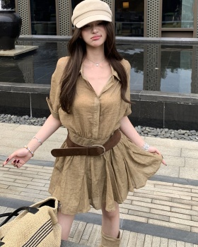 With belt Pseudo-two dress short sleeve splice shirt
